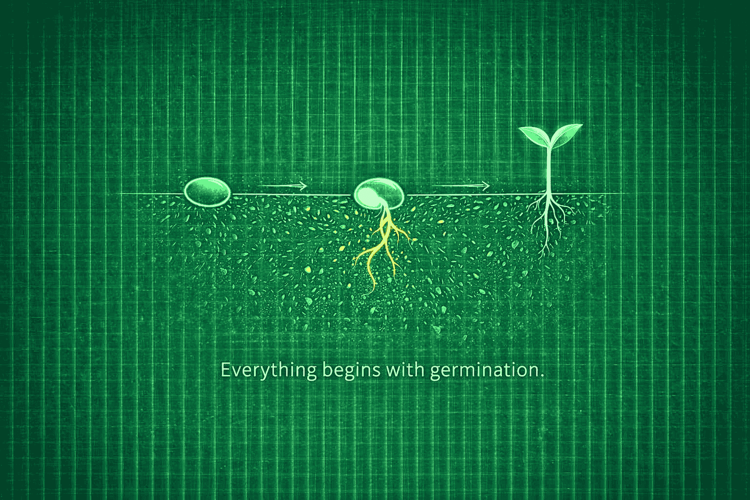 Green background with square pattern showing seed germination progression with the words "Everything begins with germination" at the bottom.