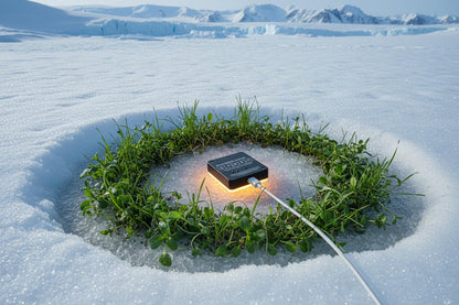 Small black metal device on grass growing through snow with mountains in the background