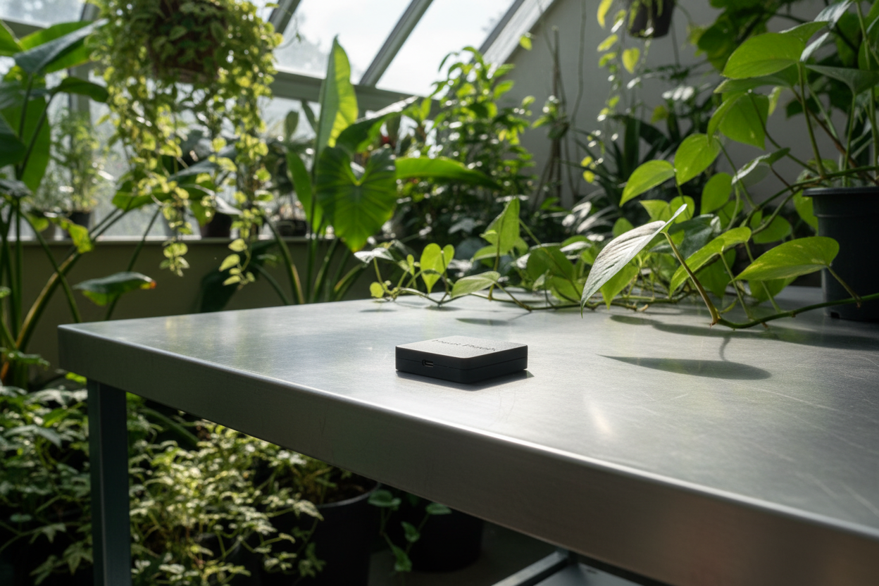 Table with a black object in a greenhouse setting