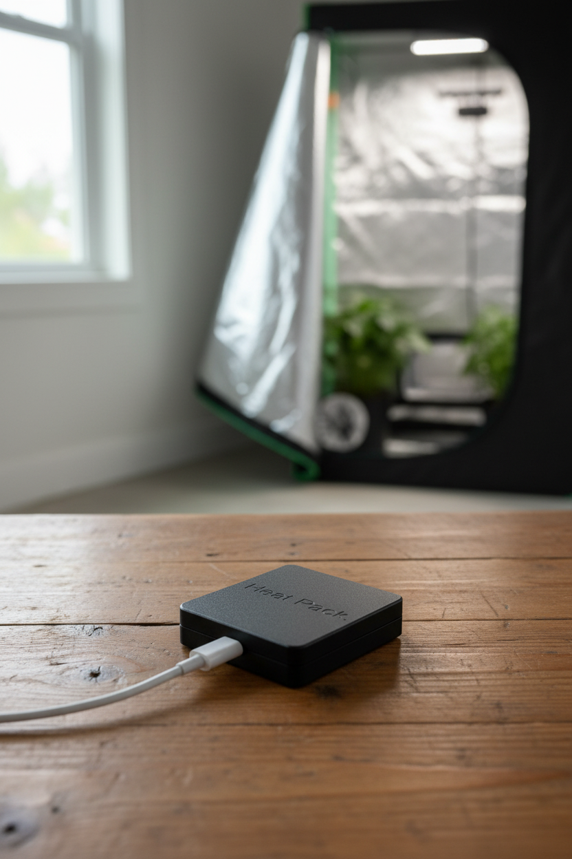 Black electronic device on a wooden surface with an indoor garden tent in the background illuminated by a window
