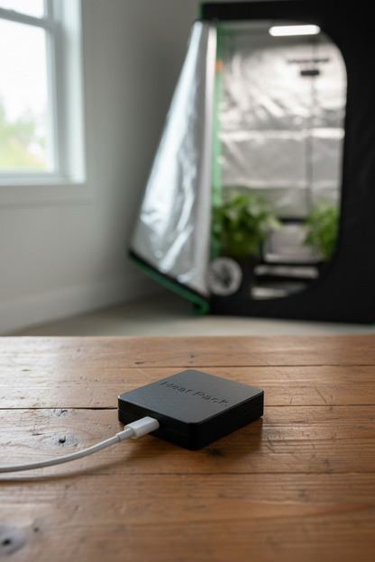 Black electronic device on a wooden surface with an indoor garden tent in the background illuminated by a window