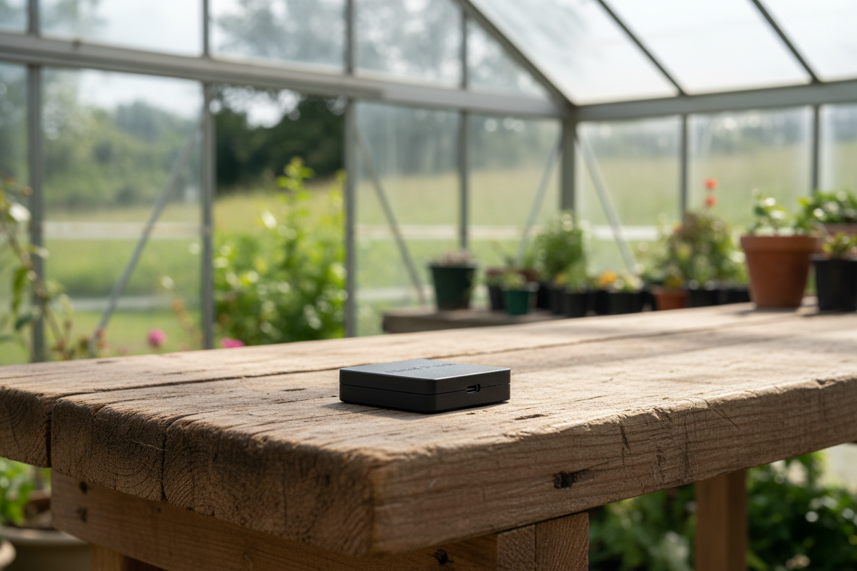 Black rectangular device on a wooden table inside a greenhouse background
