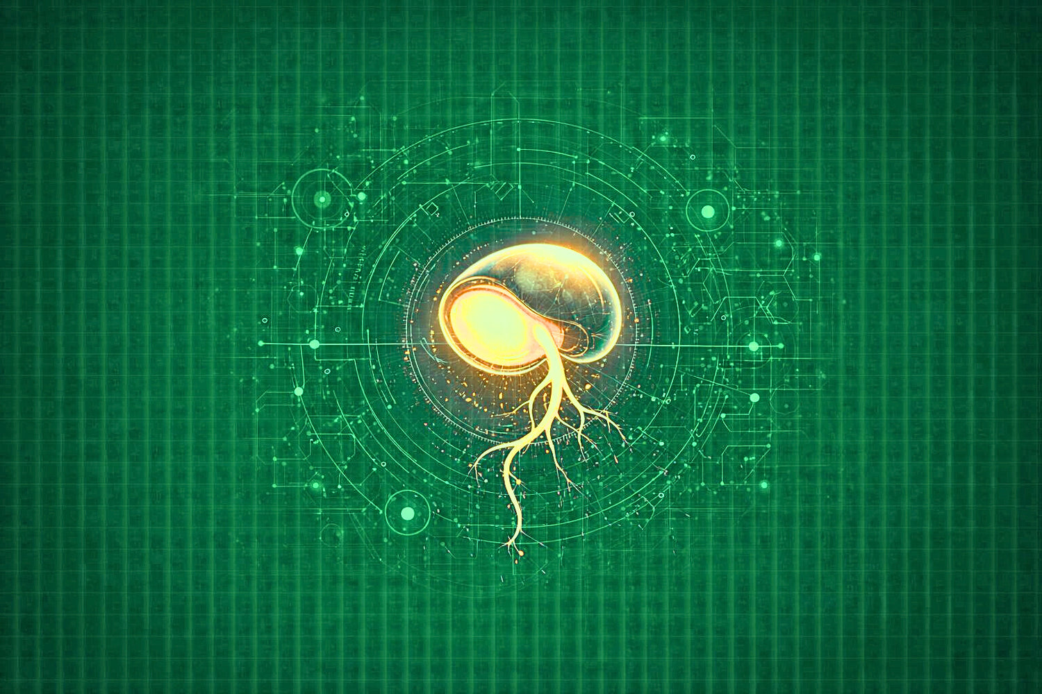 Green background square pattern with glowing seed with roots emerging and a sci fi technical diagram