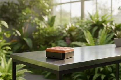 Small black rectangular device with an orange lid on a steel table with a blurred green plant background