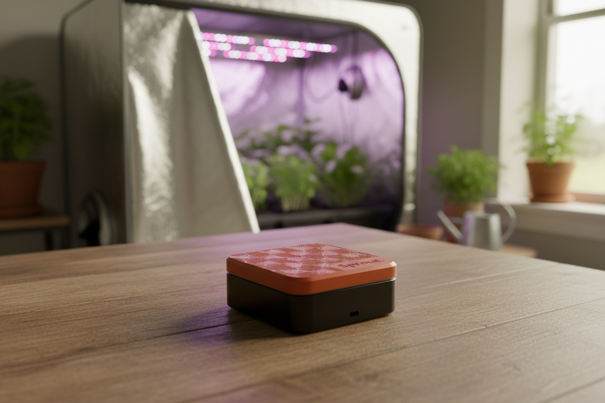Small black rectangular device with an orange top on a wooden surface, with a blurred indoor garden tent setting in the background.