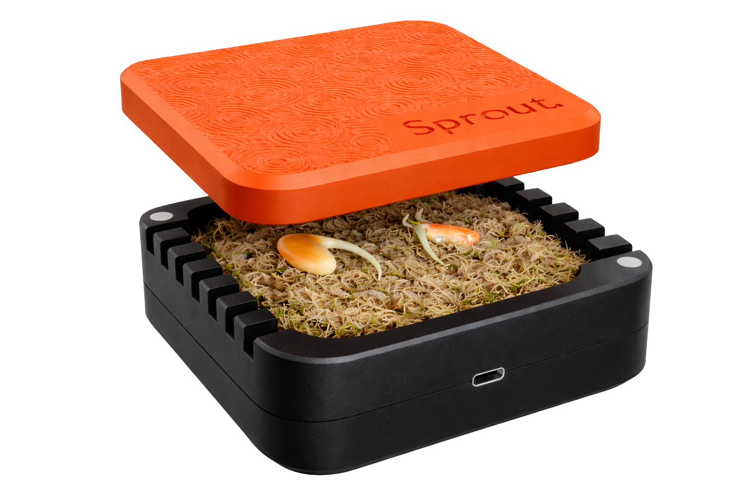 Orange and black silicone seed germination chamber with sphagnum moss and seeds inside
